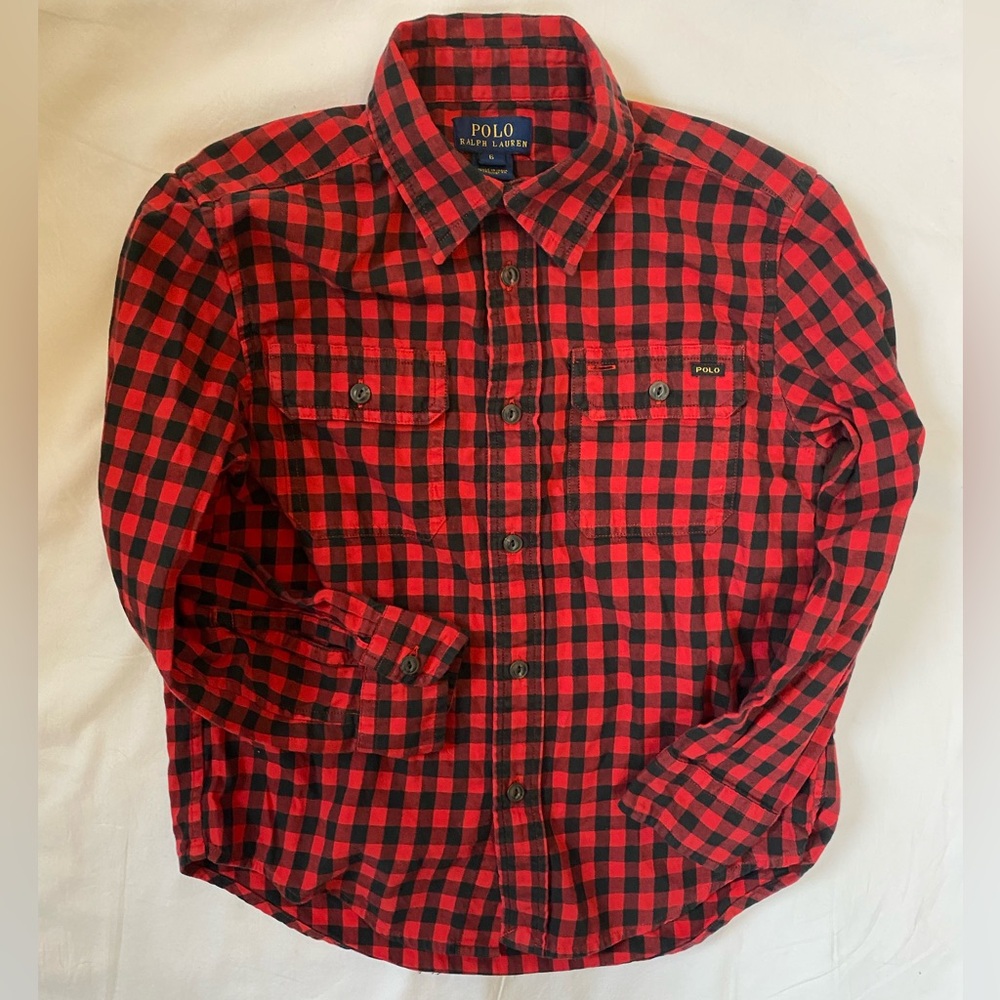 Polo Ralph Lauren 100% Cotton Red Black Check Casual Button Down Shirt Boys 6